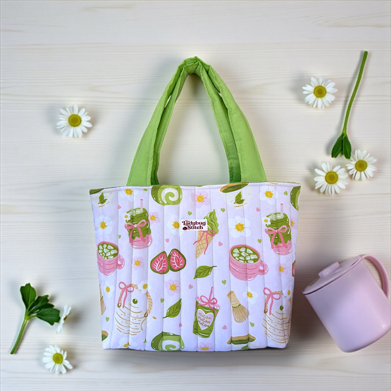 Strawberry Matcha Quilted Tote Bag
